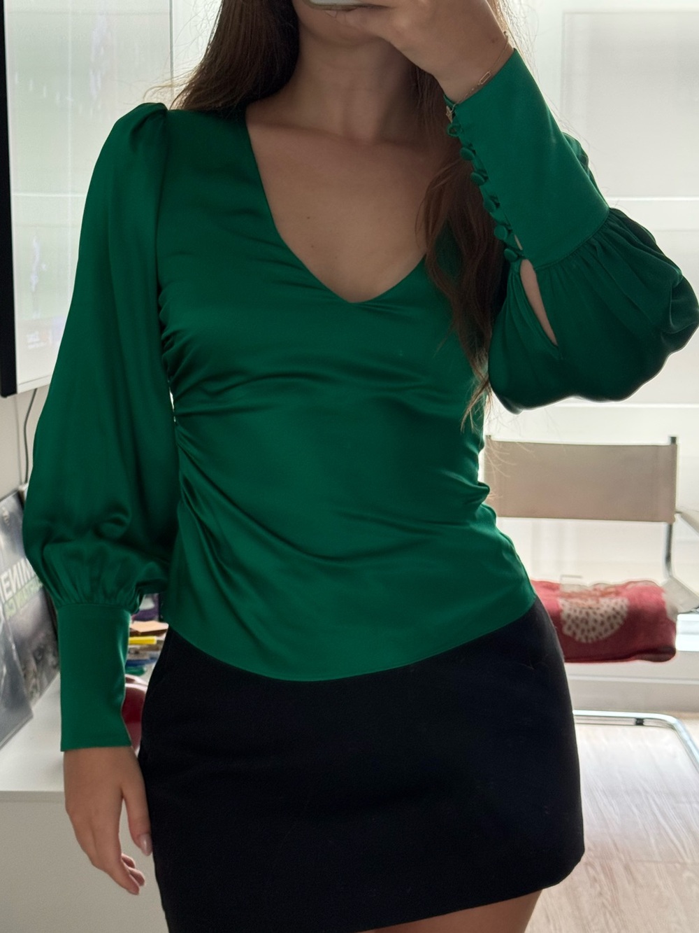 Intermix Silk V Neck Ashley Blouse Emerald Green Size 0